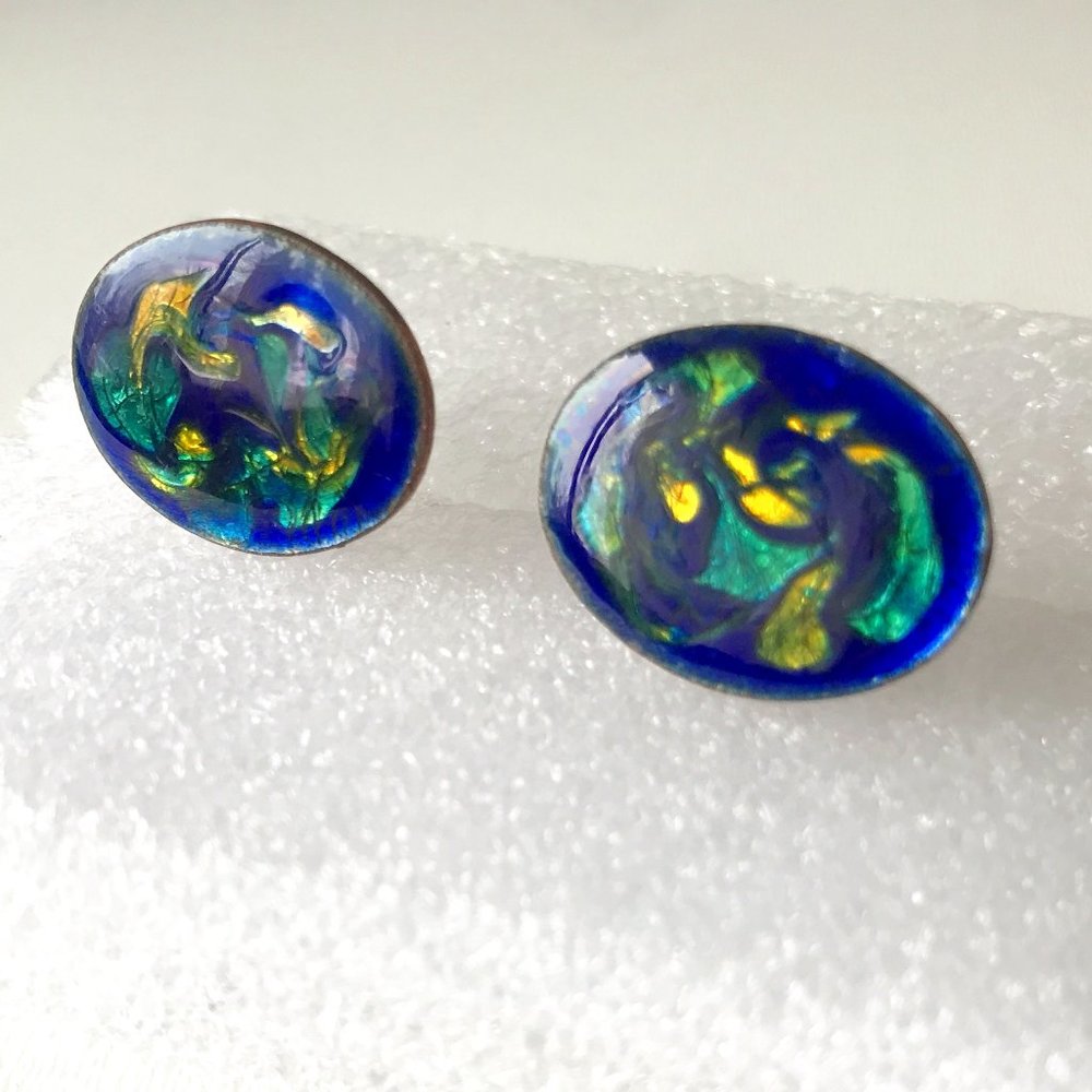 Earrings Clamp Golden Blue Swirl Peacock Jewelry